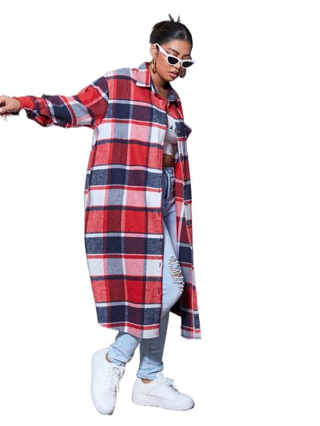 plus plaid print drop shoulder overcoat a801#, Black