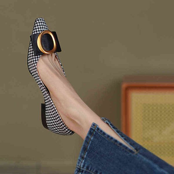 

women dress shoes piont teen lage hakken vrouwen pompen retro metalen decoratie houndstooth vrouw kantoor schoenen ondiepe dames bruiloft 22, Black