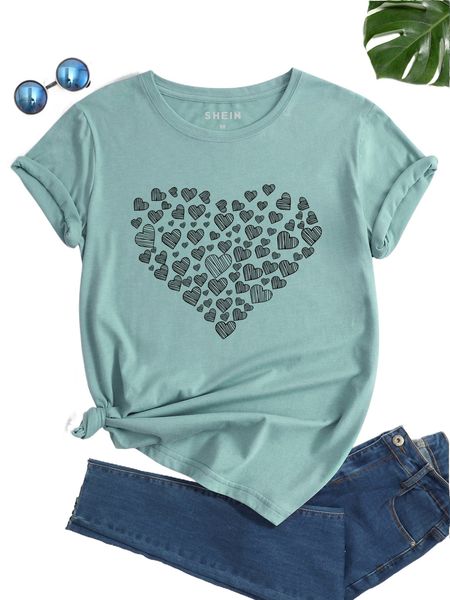 heart print round neck tee v8ec#, White