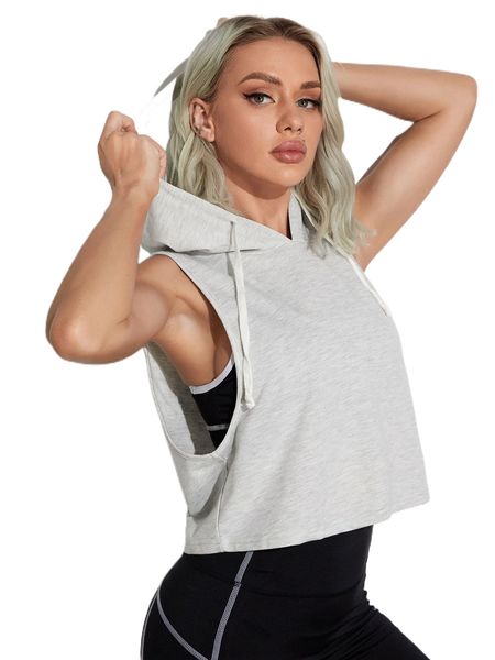 solid drawstring hooded sports tank a7o0#, Gray