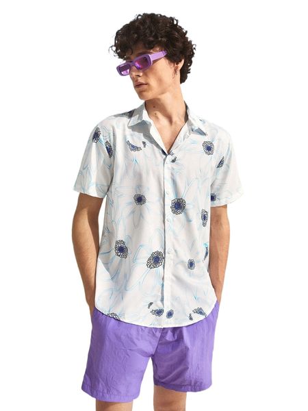 men floral print shirt & solid shorts u1fp#, White;black 
men floral print shirt & solid shorts u1fp#, White;black