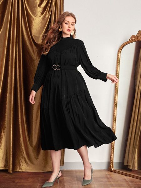 plus stand neck ruffle hem dress with belt m2pl#, Black