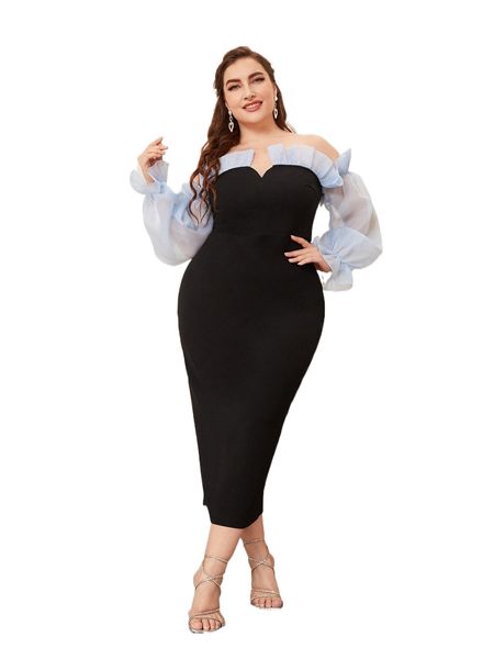 plus off the shoulder contrast mesh bodycon dress 35bb#, Black