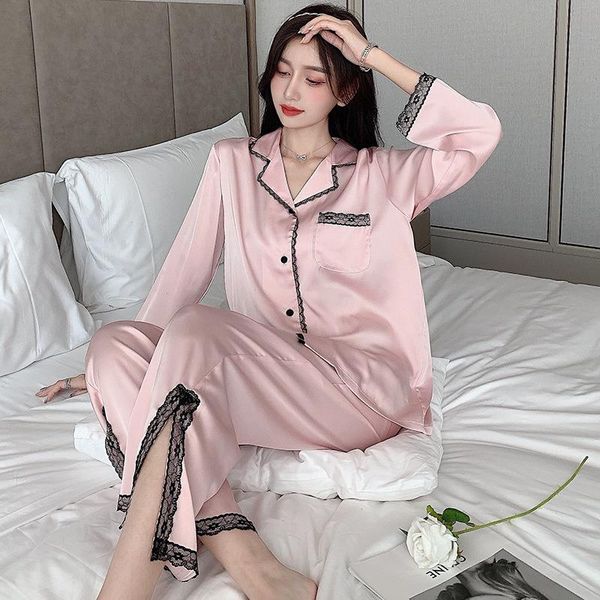 spring and autumn pajamas womens sleepwear ice silk long sleeve two-piece set pyjamas, Black;red
spring and autumn pajamas womens sleepwear ice silk long sleeve two-piece set pyjamas, Black;red