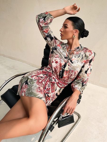 floral print tassel tie back frilled belted dress 82j0#, Black;gray 
floral print tassel tie back frilled belted dress 82j0#, Black;gray