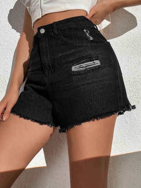 ripped frayed raw trim denim shorts d89r#, White;black