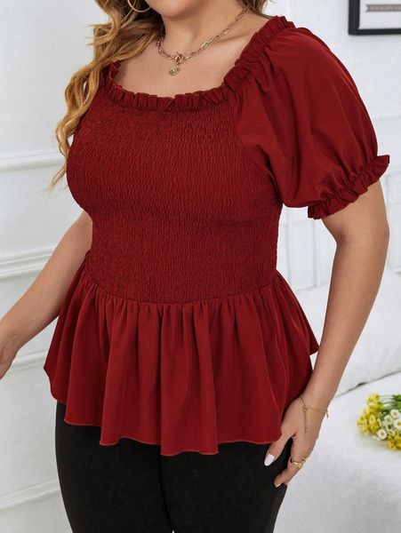 plus shirred frill trim puff sleeve peplum blouse s5wh#, Black 
plus shirred frill trim puff sleeve peplum blouse s5wh#, Black