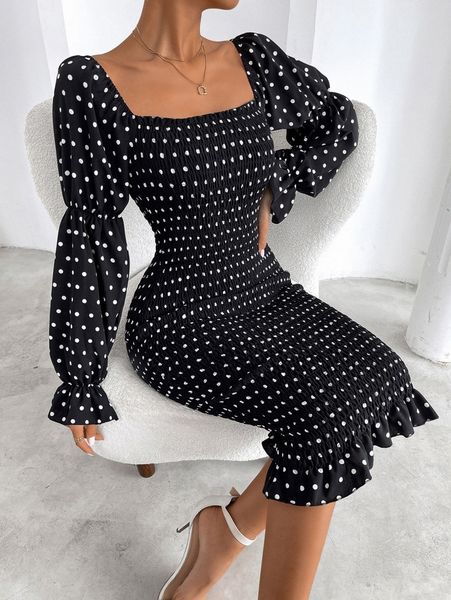 polka dot square neck gathered sleeve shirred bodycon dress d2x7#, Black;gray
polka dot square neck gathered sleeve shirred bodycon dress d2x7#, Black;gray