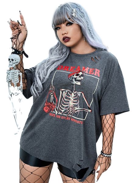 plus skeleton & slogan graphic drop shoulder tee 335j#, Black 
plus skeleton & slogan graphic drop shoulder tee 335j#, Black