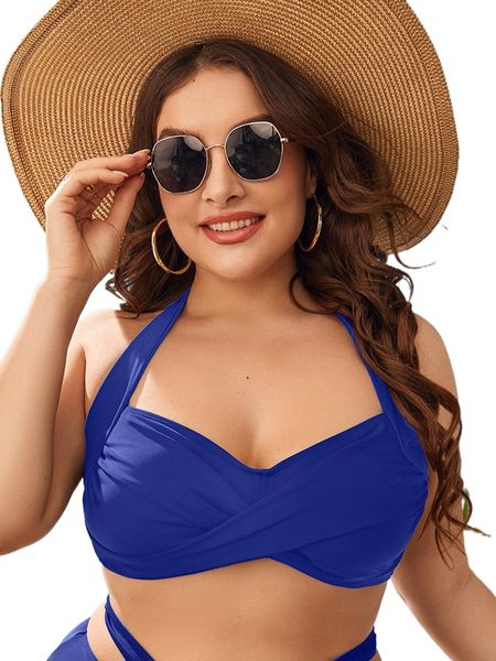 plus crossover tie back underwire halter bikini d5rl#, Black