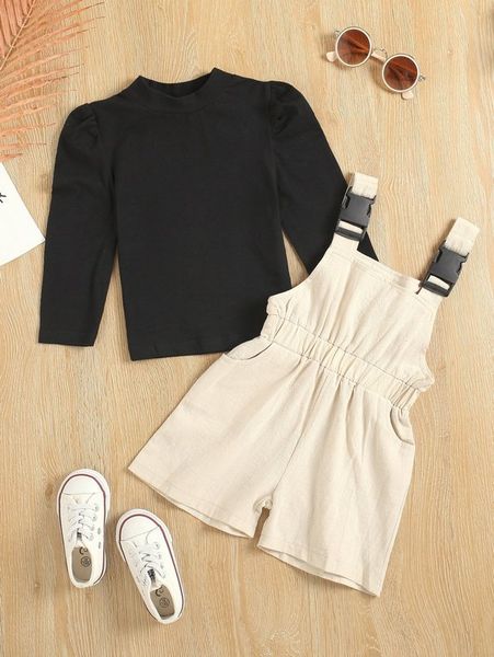 toddler girls mock neck puff sleeve tee & buckled elastic waist overalls she, White
toddler girls mock neck puff sleeve tee & buckled elastic waist overalls she, White