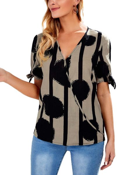emery rose polka dot striped split sleeve knot cuff blouse t5qj#, White