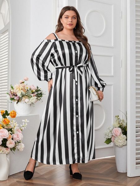 x it's me plus vertical striped cold shoulder lantern sleeve belted dress z45n#, Black
x it's me plus vertical striped cold shoulder lantern sleeve belted dress z45n#, Black