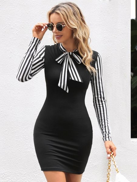 striped print tie neck bodycon dress e0a1#, Black;gray
striped print tie neck bodycon dress e0a1#, Black;gray