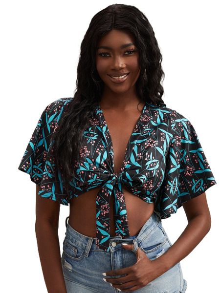 x patishop art leaf print butterfly sleeve tie front crop m3ga#, White
x patishop art leaf print butterfly sleeve tie front crop m3ga#, White