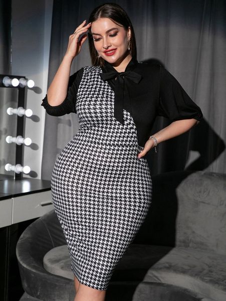 plus houndstooth print tie neck bodycon dress h8tr#, Black