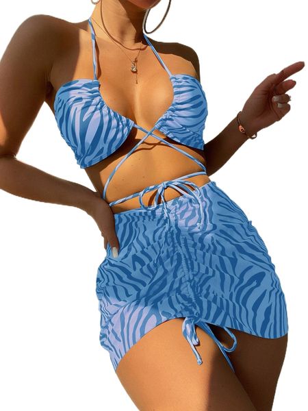 zebra striped halter bikini swimsuit with beach skirt g0jd#, White;black