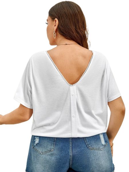 plus circle lace trim button detail tee l9j0#, Black