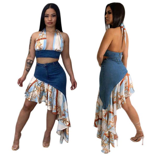 k7107 women dresses designer dresses hanging neck wrap patchwork denim ruffled half skirt set, Black;gray
k7107 women dresses designer dresses hanging neck wrap patchwork denim ruffled half skirt set, Black;gray