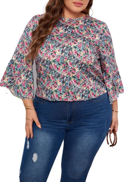plus allover floral petal sleeve blouse z7i9#, Black