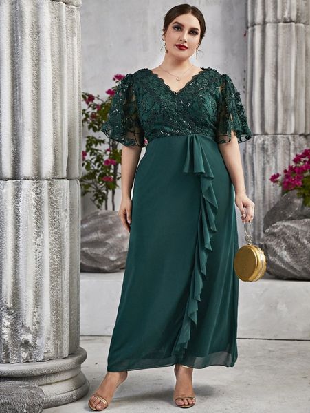plus embroidery sequin-trimed flutter sleeve draped ruffle trim dress 62wy#, Black
plus embroidery sequin-trimed flutter sleeve draped ruffle trim dress 62wy#, Black
