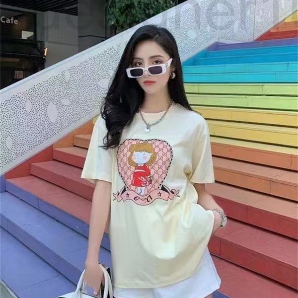 women's t-shirt designer gu22 summer new little girl print nail bead loose round neck t-shirt 5w3e, White