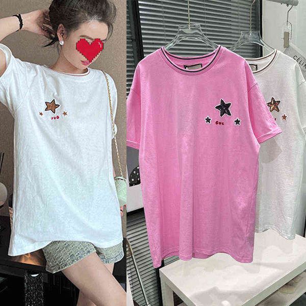 spring and summer sequins star embroidered t-shirt cotton loose versatile men's women's top, White
spring and summer sequins star embroidered t-shirt cotton loose versatile men's women's top, White