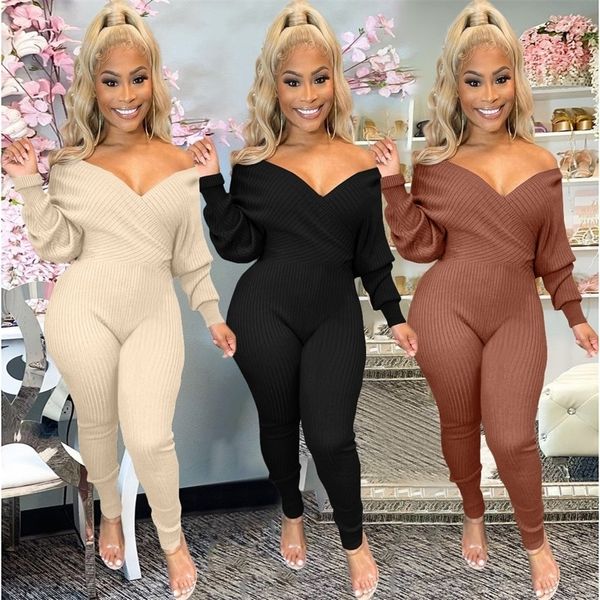 classy casual winter clothing off shoulder ribbed v neck rompers women bodycon jumpsuit 220801, Black;white