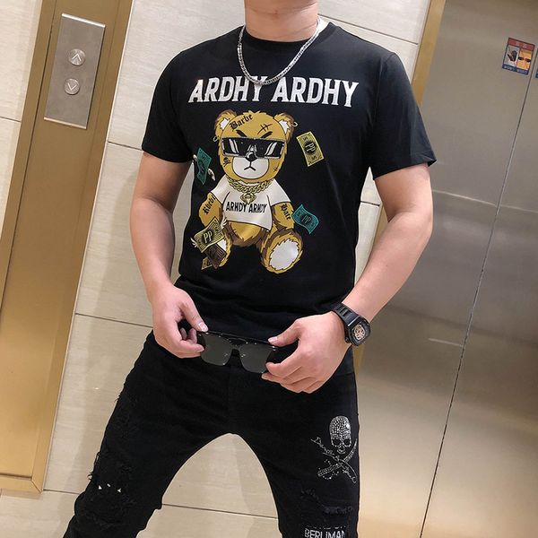 2022 summer new men's t-shirt slim casual fashion bear printed ironed drill net red short sleeve t-shirt plus size 3 colors, White;black
2022 summer new men's t-shirt slim casual fashion bear printed ironed drill net red short sleeve t-shirt plus size 3 colors, White;black