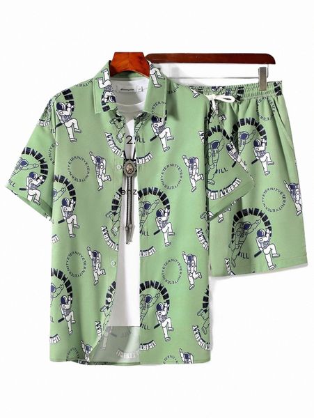men random letter & spaceman print shirt & drawstring waist shorts without tee 27o2#, Gray
men random letter & spaceman print shirt & drawstring waist shorts without tee 27o2#, Gray