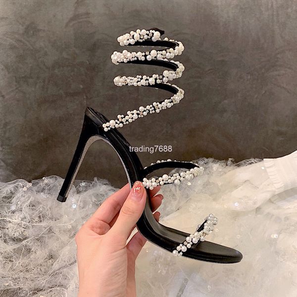 sandals summer open toe pearl inlaid diamond wrapped foot ring high-heeled sandals with one-line buckle banquet thin heels, Black
sandals summer open toe pearl inlaid diamond wrapped foot ring high-heeled sandals with one-line buckle banquet thin heels, Black