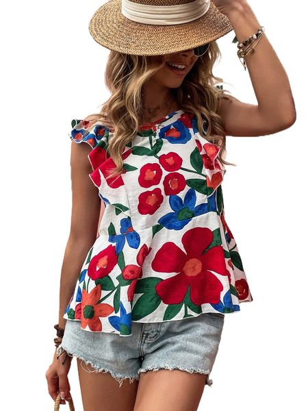 allover floral print peplum blouse j7uj#, White