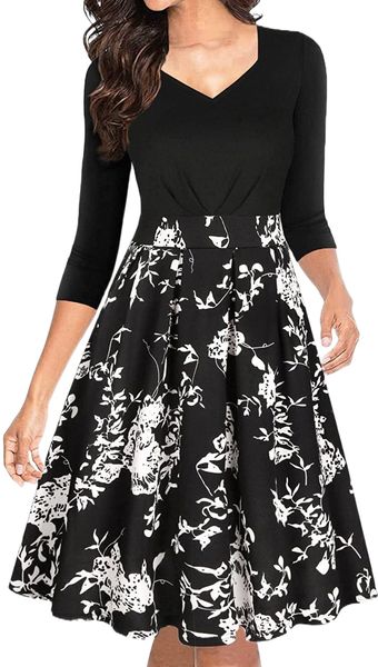 women's vintage floral patchwork swing casual party dress with pockets p6mg#, White;black
women's vintage floral patchwork swing casual party dress with pockets p6mg#, White;black