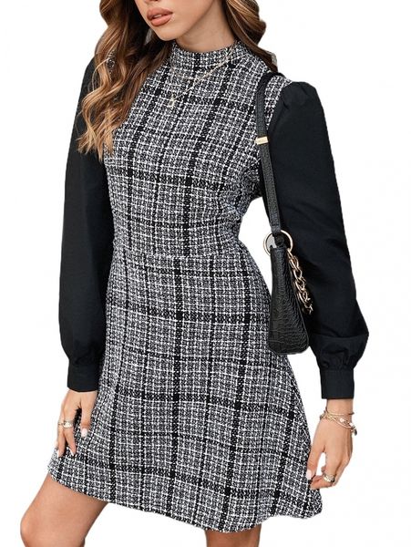 plaid mock neck tweed dress i4gs#, Black;gray 
plaid mock neck tweed dress i4gs#, Black;gray