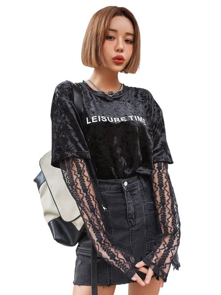 dazy letter graphic drop shoulder velvet tee without lined t42q#, White
dazy letter graphic drop shoulder velvet tee without lined t42q#, White