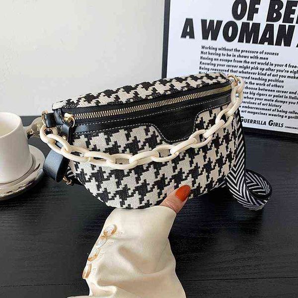 hbp crossbody bag elegant houndstooth canvas and pu waist s for women chain fanny packs female stylish pack wide band belt 220727