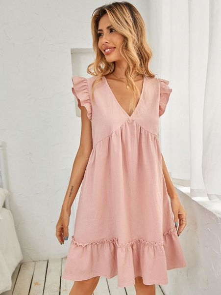 v neck ruffle trim smock dress x9ej#, Black;gray
v neck ruffle trim smock dress x9ej#, Black;gray