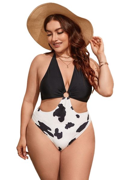 plus cow print ring linked cut out tie back halter one piece swimsuit 06yb#, White;black
plus cow print ring linked cut out tie back halter one piece swimsuit 06yb#, White;black