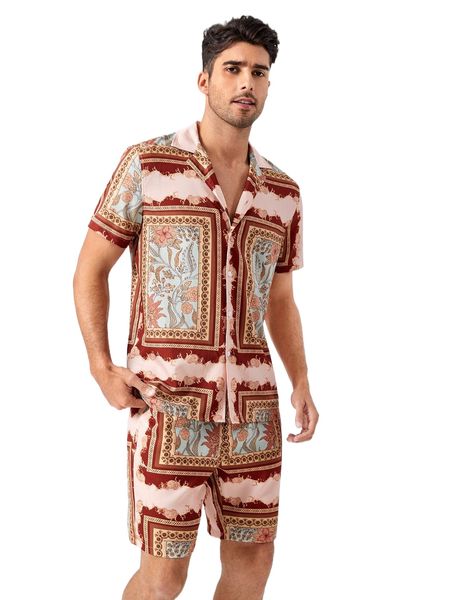 men floral print lapel neck shirt & shorts v0ej#, Gray