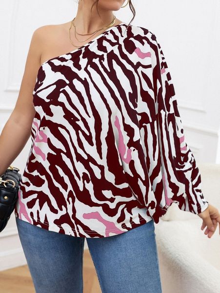 plus allover print one shoulder tee s3rj#, Black