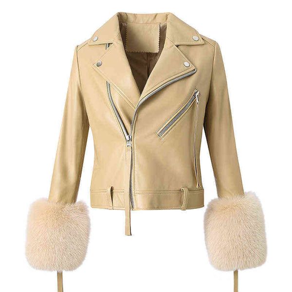 women spring bomber jackets fashion motorcycle style short jacket real leather detachable fox fur cuff zm4121 j220727, Black
women spring bomber jackets fashion motorcycle style short jacket real leather detachable fox fur cuff zm4121 j220727, Black