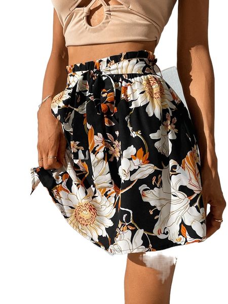 floral print paperbag waist belted skirt p6js#, Black