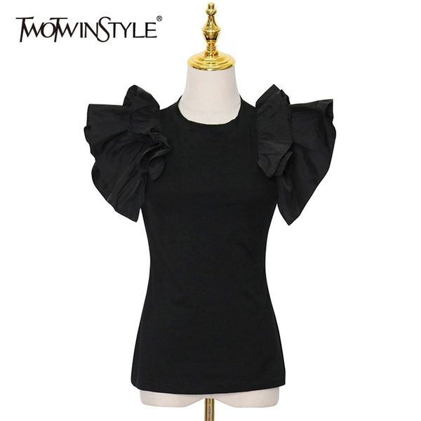 twotwinstyle black ruffle t shirt for women o neck short sleeve slim minimalist t shirts female summer fashion clothing 220514, White