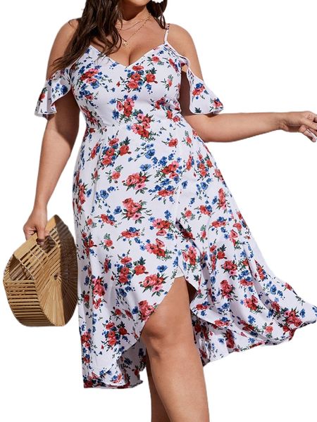 plus floral print cold shoulder wrap hem dress r7xb#, Black
plus floral print cold shoulder wrap hem dress r7xb#, Black