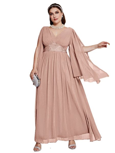 plus split sleeve chiffon prom dress o3ps#, Black