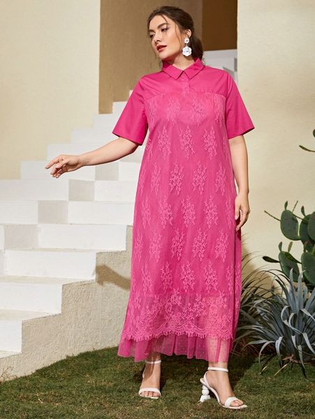 plus polo collar lace dress z5ca#, Black 
plus polo collar lace dress z5ca#, Black