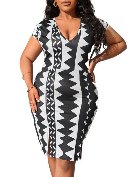 sxy plus chevron print batwing sleeve split hem bodycon dress u51q#, Black 
sxy plus chevron print batwing sleeve split hem bodycon dress u51q#, Black
