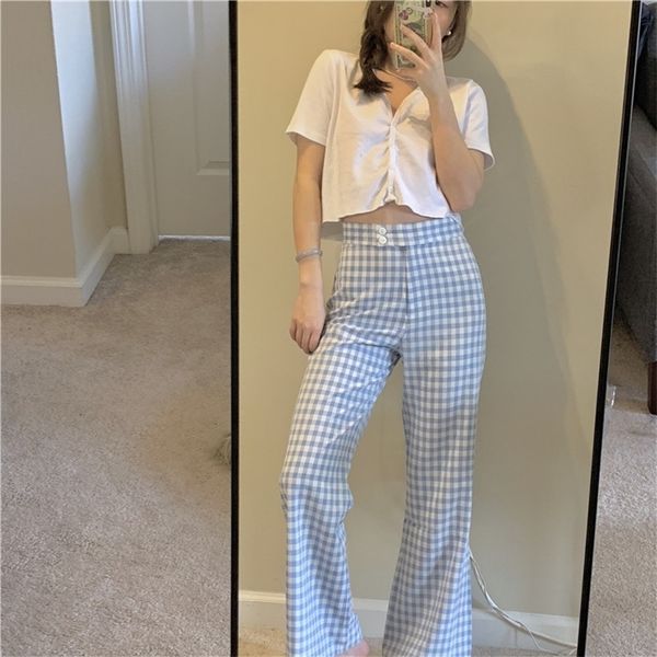 high waist slim loose straight cute plaid button elegant long pant women streetwear korean summer trouser harajuku fashion lady 201012, Black;white
high waist slim loose straight cute plaid button elegant long pant women streetwear korean summer trouser harajuku fashion lady 201012, Black;white