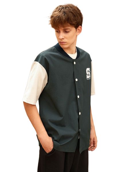 men letter graphic baseball collar contrast sleeve shirt 25px#, White;black 
men letter graphic baseball collar contrast sleeve shirt 25px#, White;black