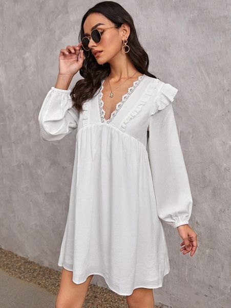 contrast lace ruffle trim smock dress j9rd#, Black;gray 
contrast lace ruffle trim smock dress j9rd#, Black;gray